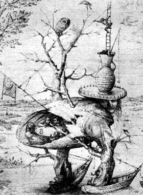 Hieronymus Bosch, Studienblatt zum Garten der Lüste, rechter Flügel, um 1510, Albertina, Wien