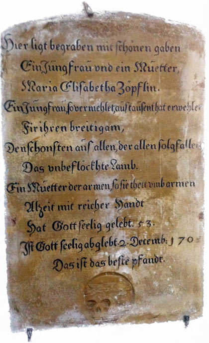Grabschrift Maria Elisabetha Zöpflin, Ingolstadt, Franziskanerkirche - Foto Hans Thill