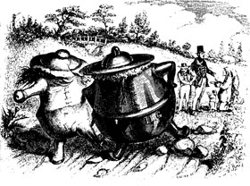 Illustration Grandvilles zur Fabel 'Le pot de terre et le pot de fer' - Jean de La Fontaine, Fables, Paris 1842/43