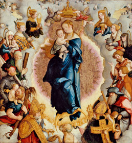 Meister von Meßkirch, Madonna mit den 14 Heiligen, Mitteltafel des Wildensteiner Altars, 1536 - Staatsgalerie Stuttgart