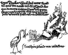 Federzeichnung Petrarcas und Notiz: 'transalpina solitudo mea iocundissima' - meine liebliche Einsamkeit jenseits der Alpen